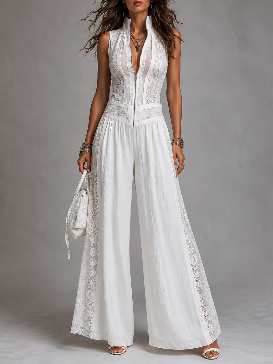 Women's Lace Trim Wide Leg Jumpsuit, Stand Collar