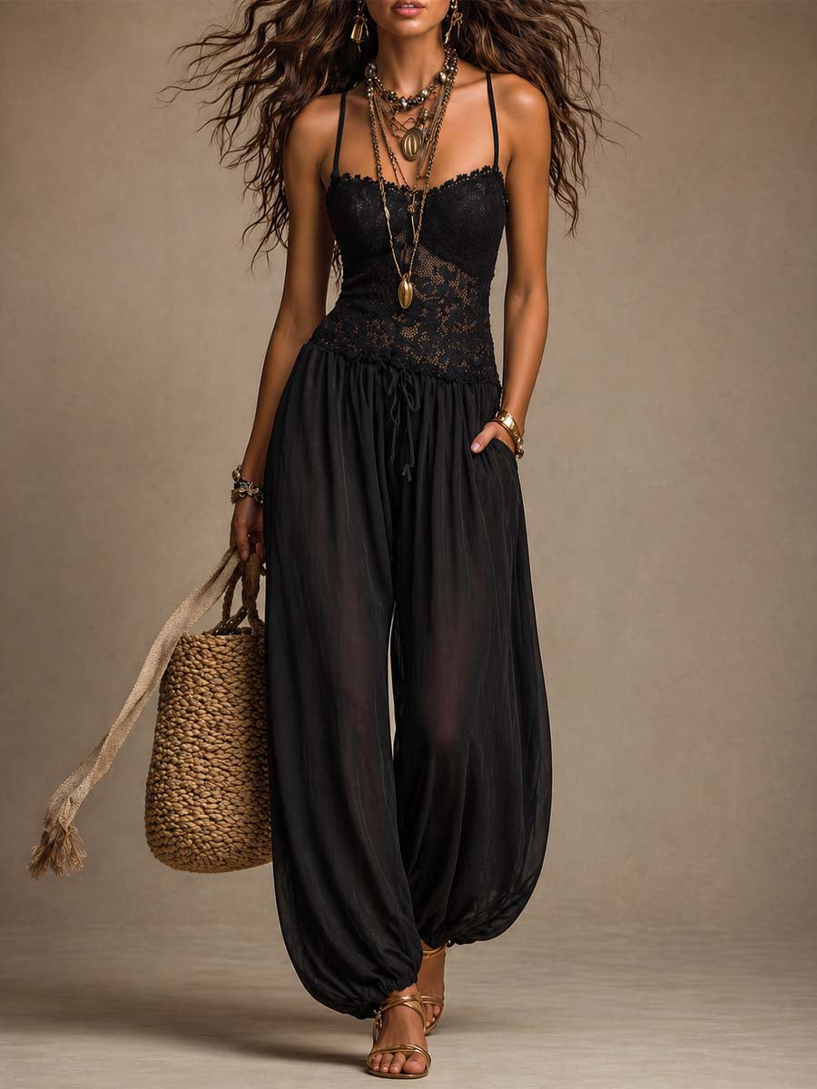 Women's Lace & Chiffon Harem Jumpsuit, Spaghetti Strap