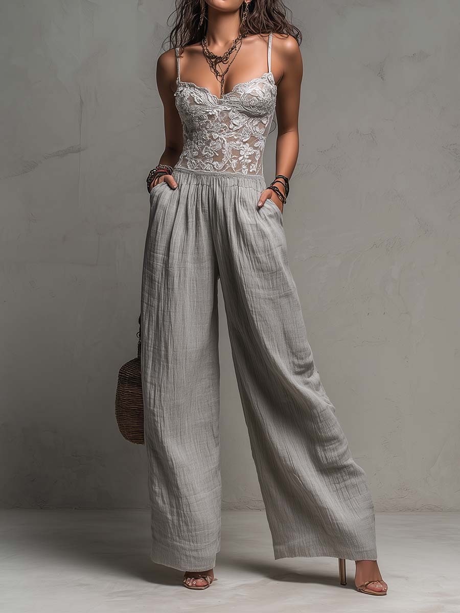 Women's Lace Bodice Wide Leg Jumpsuit, Sweetheart Neckline