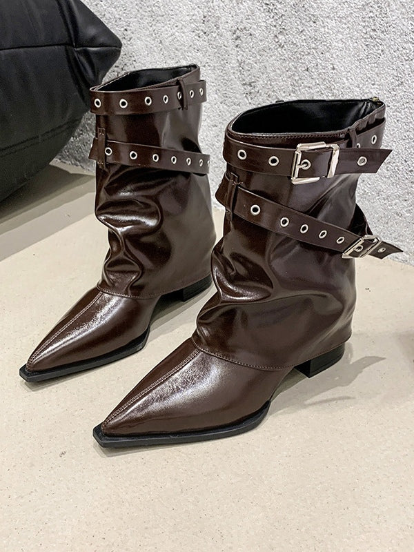 Women's Pointed Toe Combat Boots, Buckle Block Heel