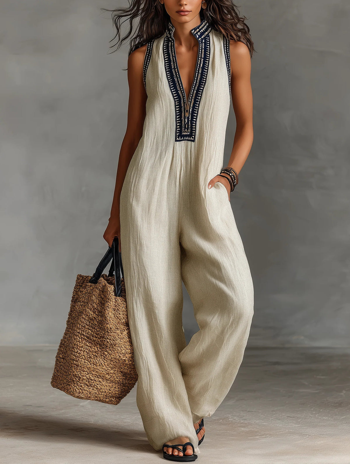 Women's Sleeveless Zip Jumpsuit, Stand Collar