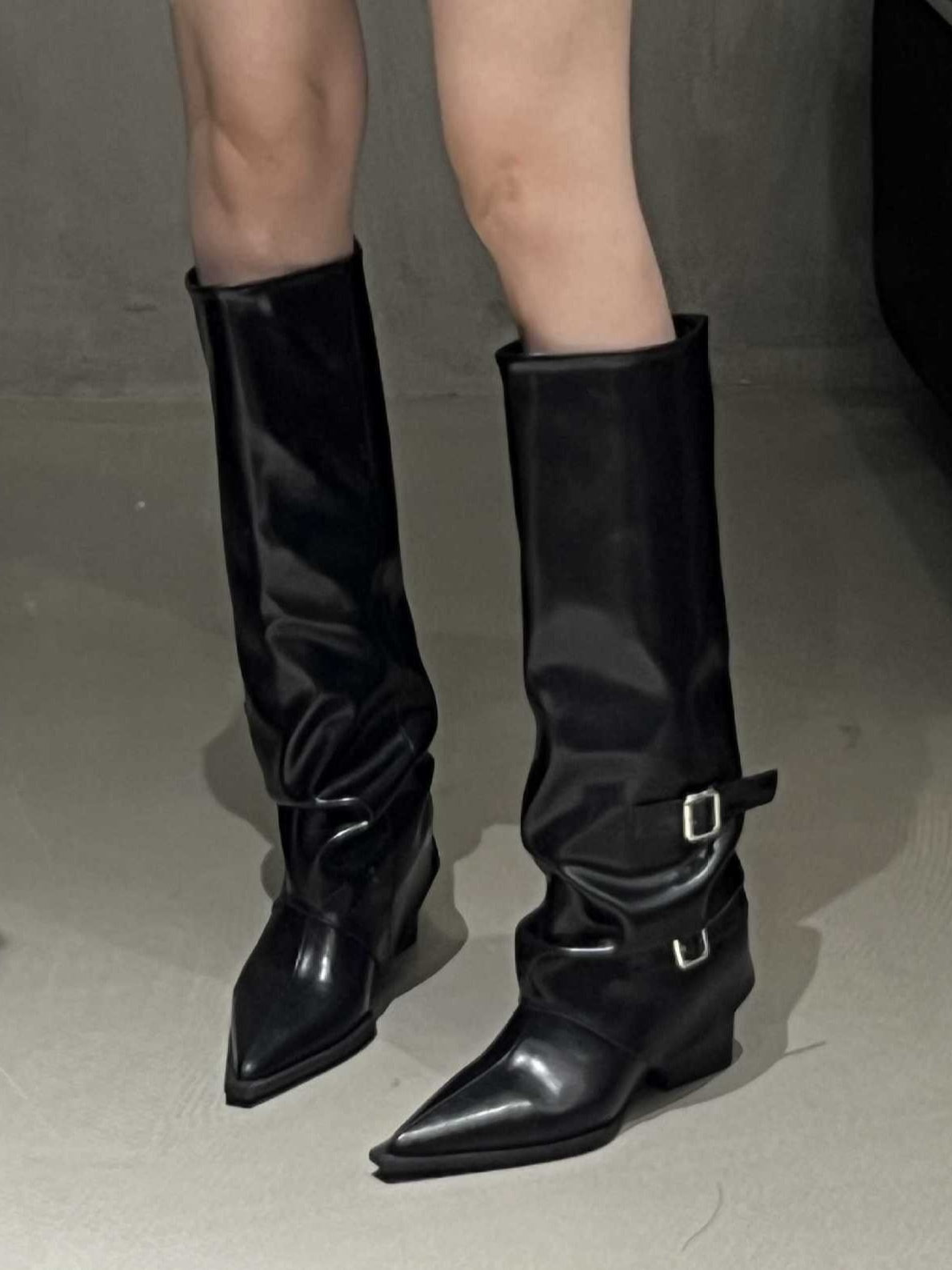 Women's Tall Buckle Boots, Pointed Toe Chunky Heel