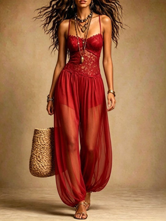 Women's Lace & Chiffon Harem Jumpsuit, Spaghetti Strap