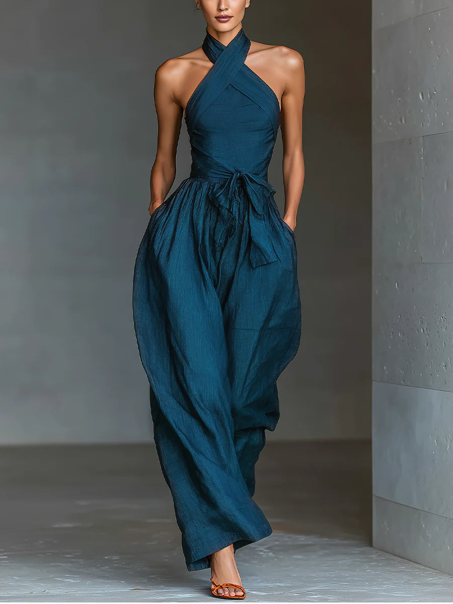 Women's Cross Halter Wide Leg Jumpsuit with Pockets, Navy