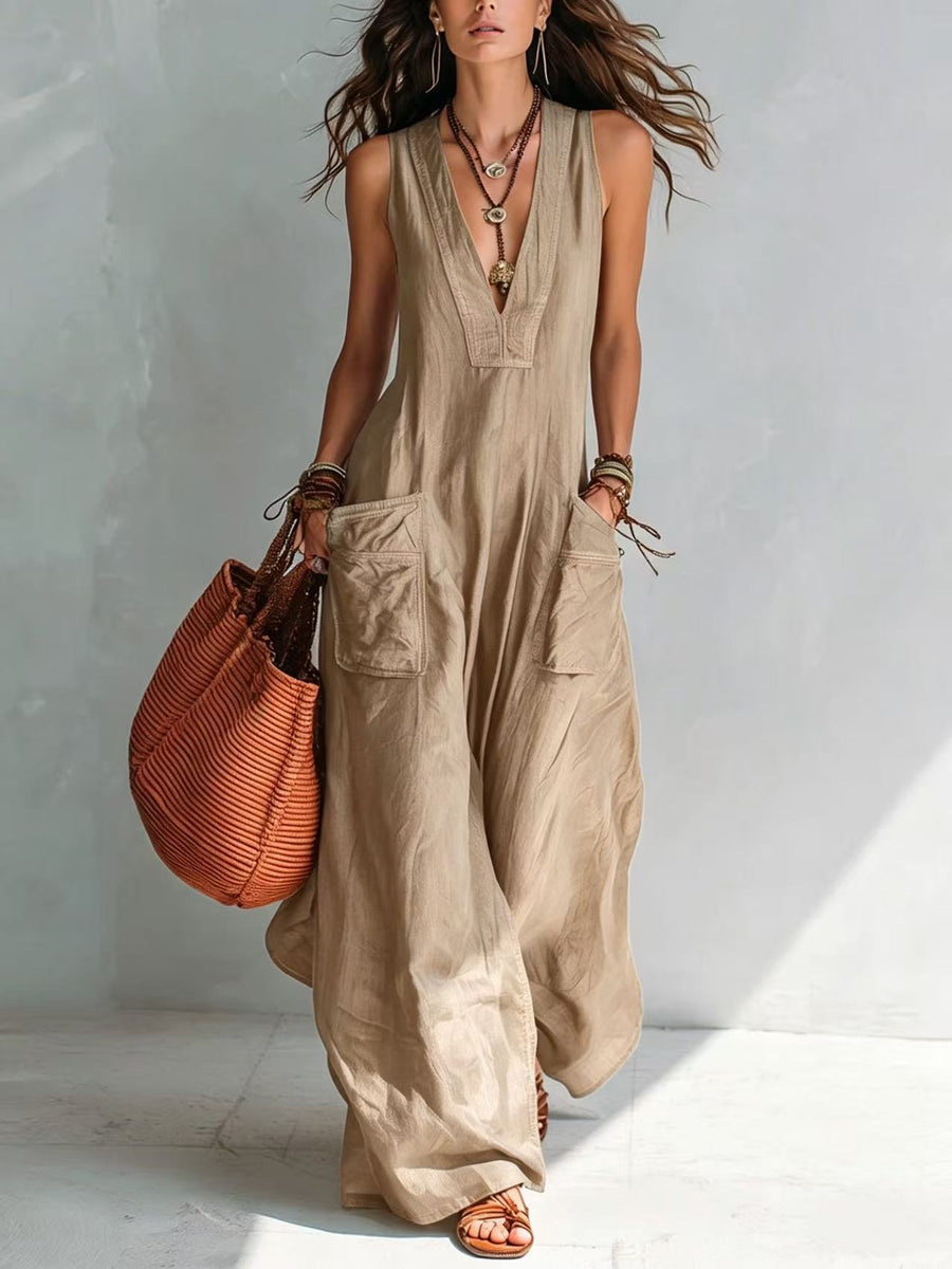 Women's V-Neck Wide Leg Jumpsuit, Loose Fit with Pockets