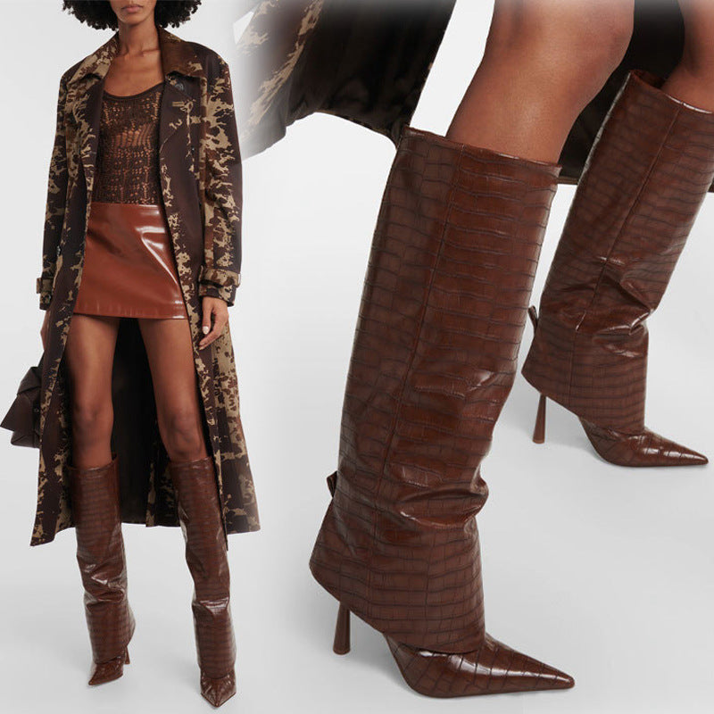 Women's Stone Print Tall Boots, Pointed Toe Stiletto