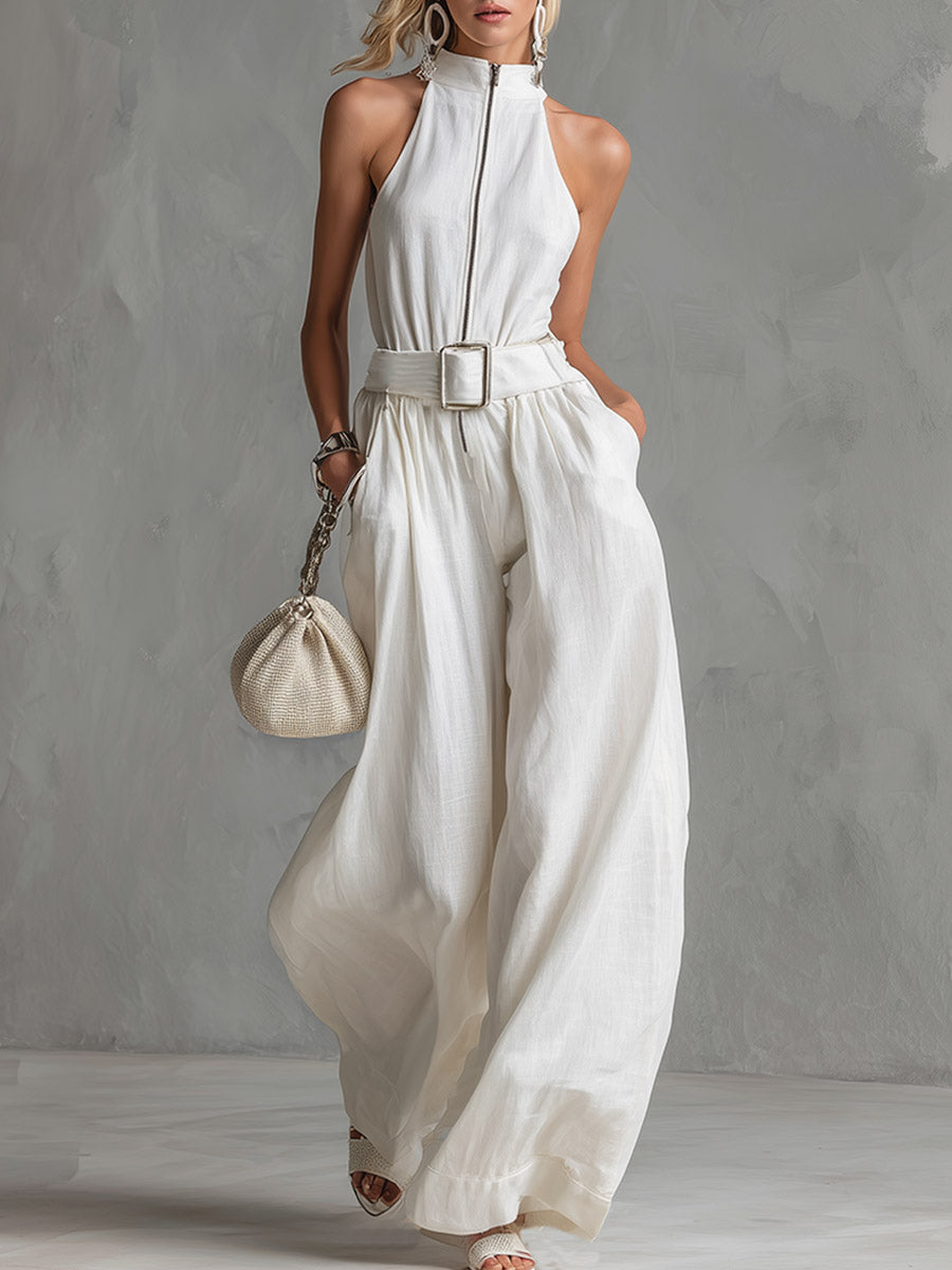 Women's Belted Wide Leg Jumpsuit, Sleeveless Zip Front