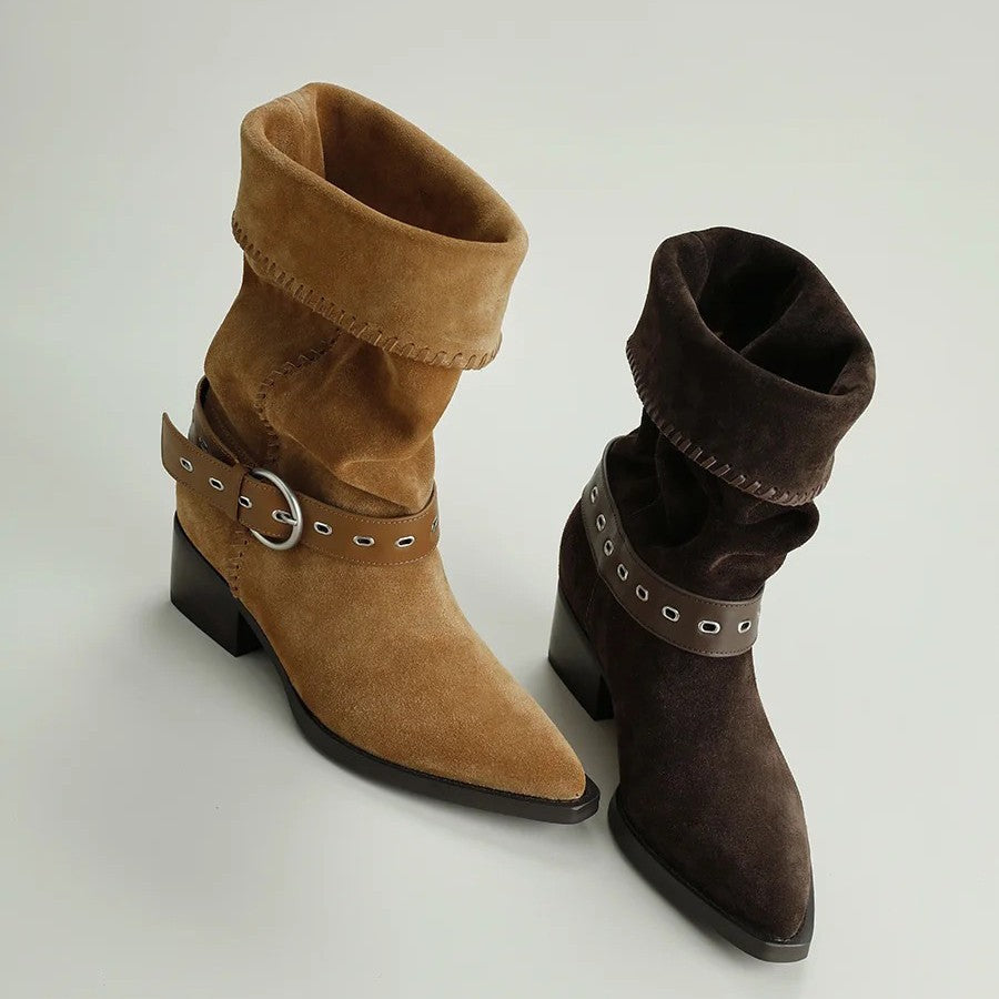 Women's Suede Riding Boots, Pointed Toe Chunky Heel