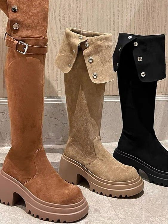 Women's Tall Suede Boots, Round Toe Block Heel
