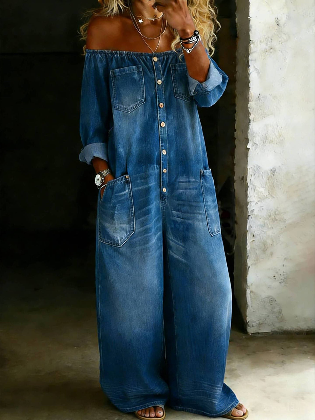 Women's Off-Shoulder Denim Jumpsuit, Button Front Cropped