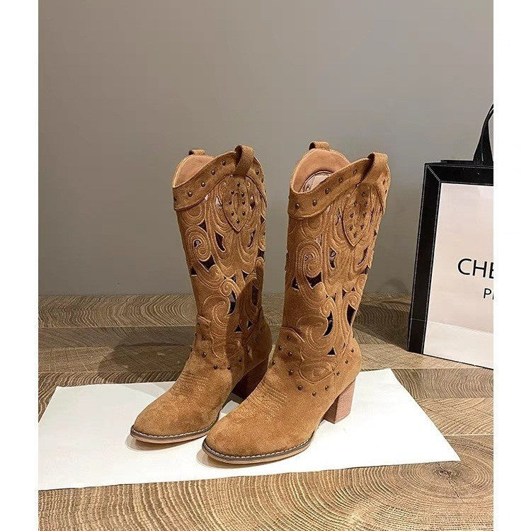 Women's Suede Western Boots, Embroidered Openwork Block Heel
