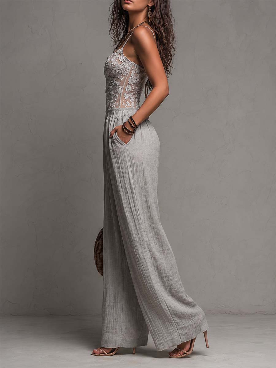 Women's Lace Bodice Wide Leg Jumpsuit, Sweetheart Neckline