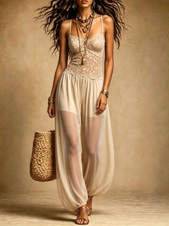 Women's Lace & Chiffon Harem Jumpsuit, Spaghetti Strap