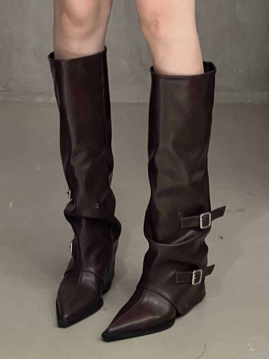 Women's Tall Buckle Boots, Pointed Toe Chunky Heel
