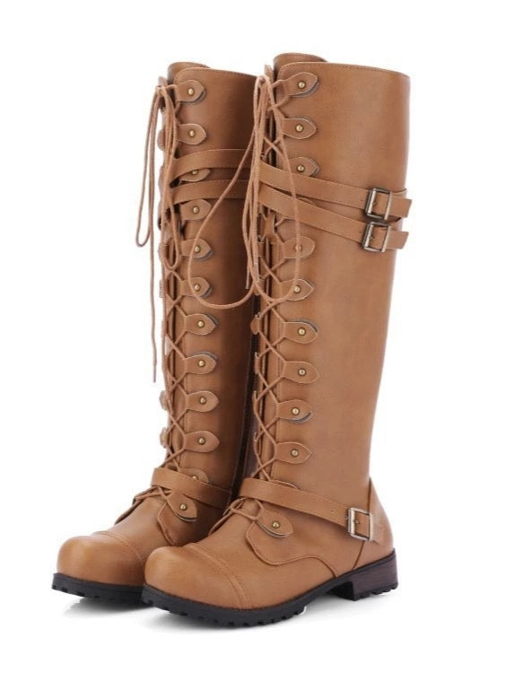 Women's Lace-Up Biker Boots, Buckle and Rivet Detail