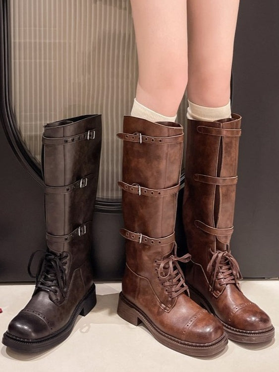 Women's Distressed Combat Boots, Square Toe Lace-Up