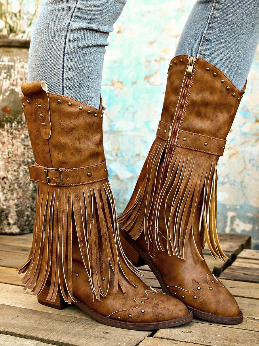 Women's Tassel Riding Boots, Rivet and Buckle Detail