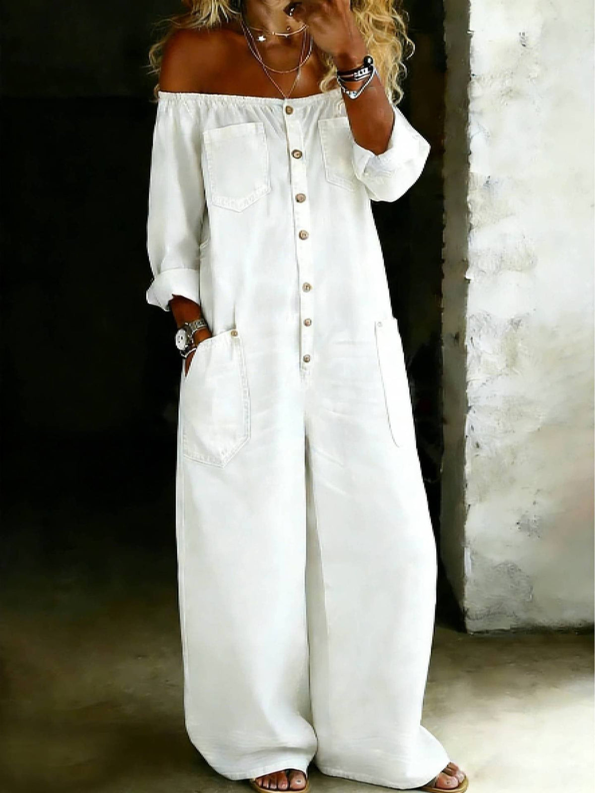 Women's Off-Shoulder Denim Jumpsuit, Button Front Cropped