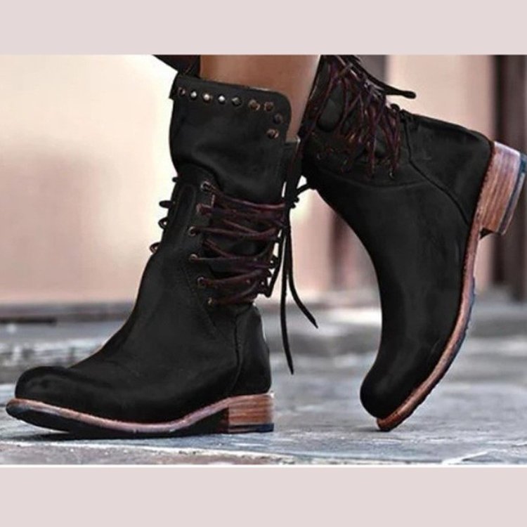 Women's Lace-Up Moto Boots, Rivet Detail Mid-Calf