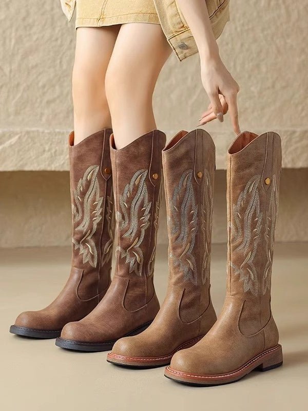 Women's Embroidered Tall Boots, Back Zipper Low Heel