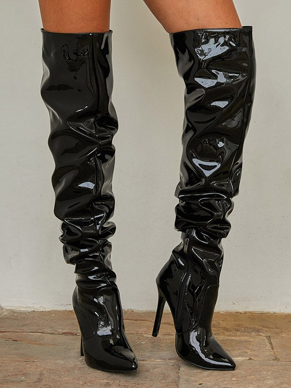 Women's Over-the-Knee Boots, Pleated Faux Leather High Heel