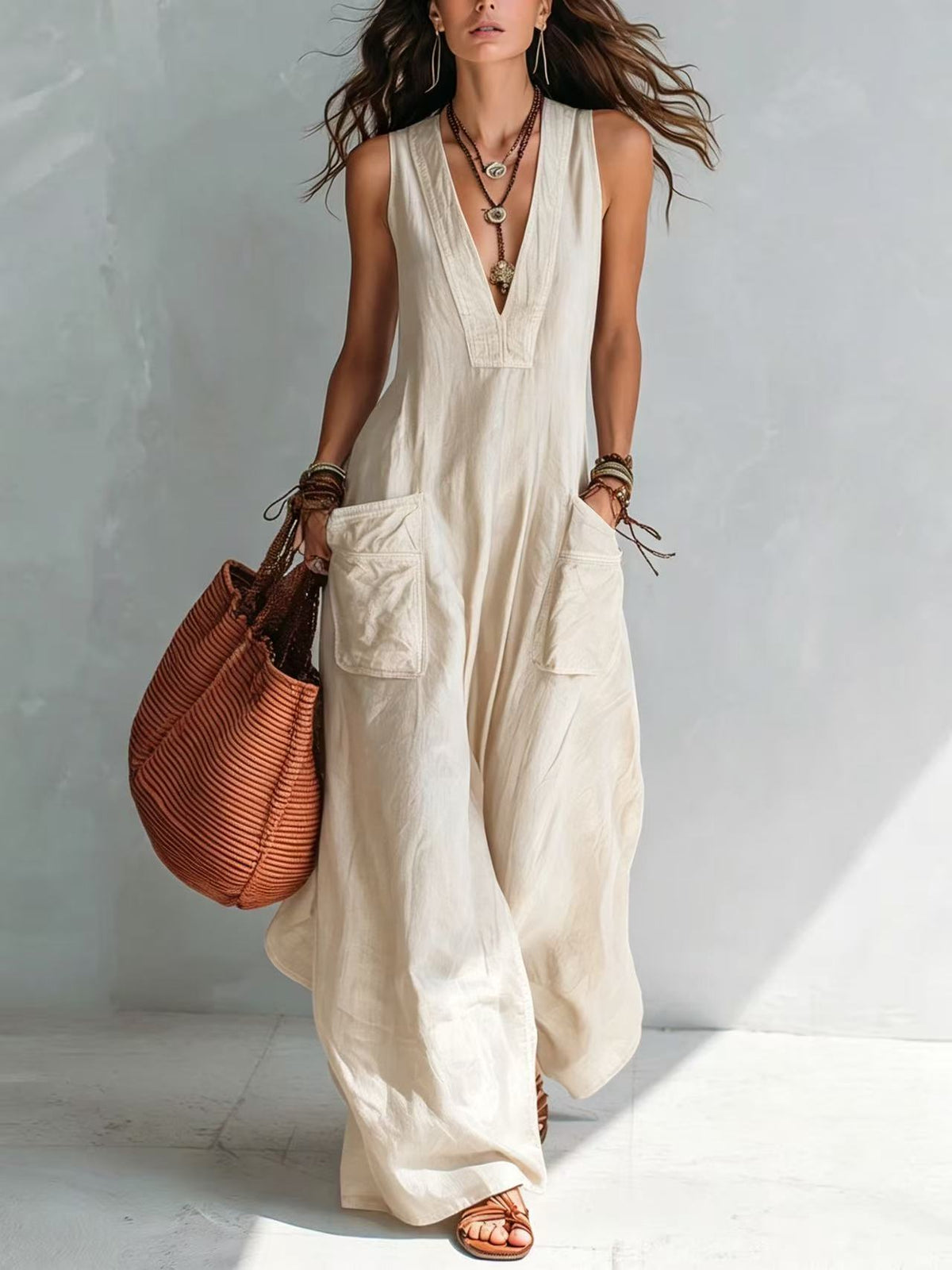 Women's V-Neck Wide Leg Jumpsuit, Loose Fit with Pockets