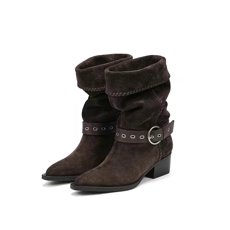 Women's Suede Riding Boots, Pointed Toe Chunky Heel