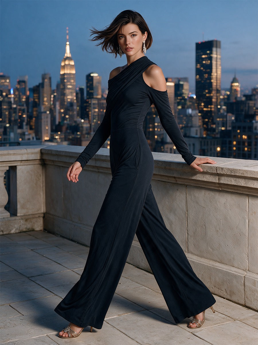 Women's One-Shoulder Wide Leg Jumpsuit, Long Sleeve