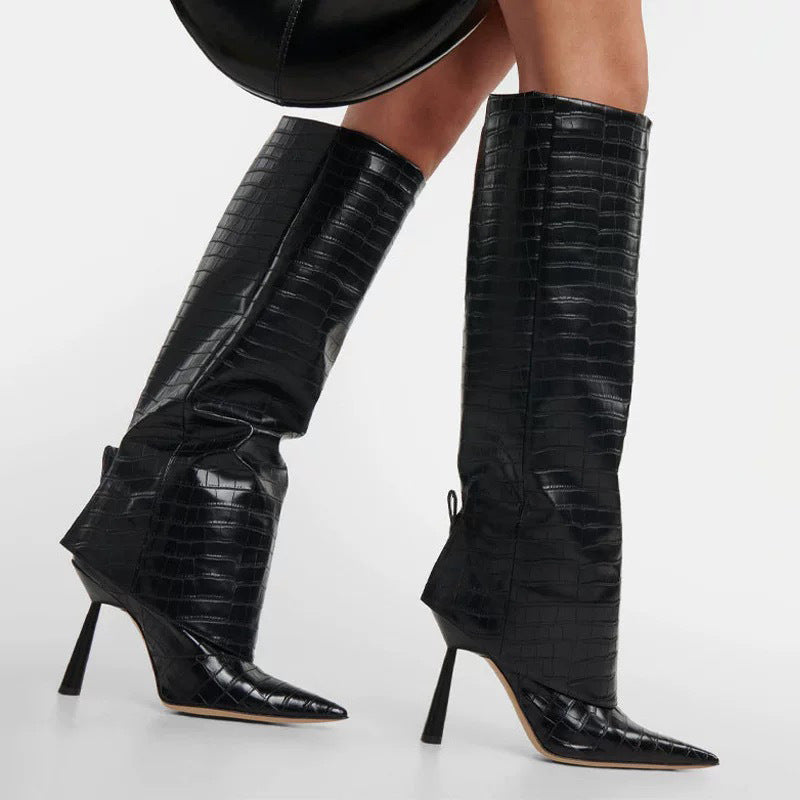 Women's Stone Print Tall Boots, Pointed Toe Stiletto