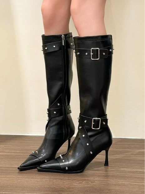 Women's Studded Riding Boots, Pointed Toe Stiletto