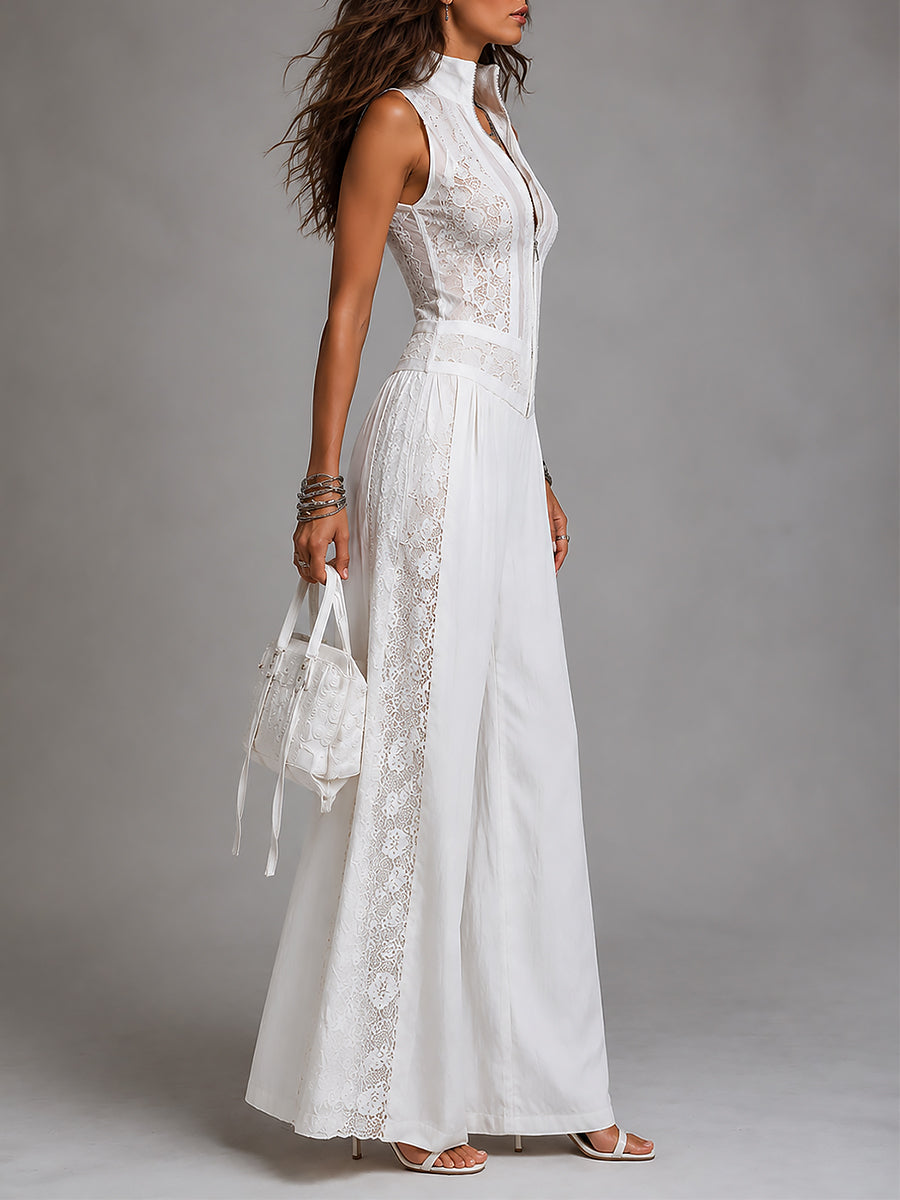 Women's Lace Trim Wide Leg Jumpsuit, Stand Collar