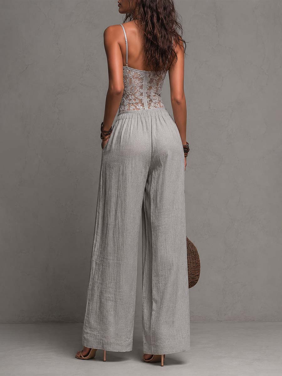 Women's Lace Bodice Wide Leg Jumpsuit, Sweetheart Neckline