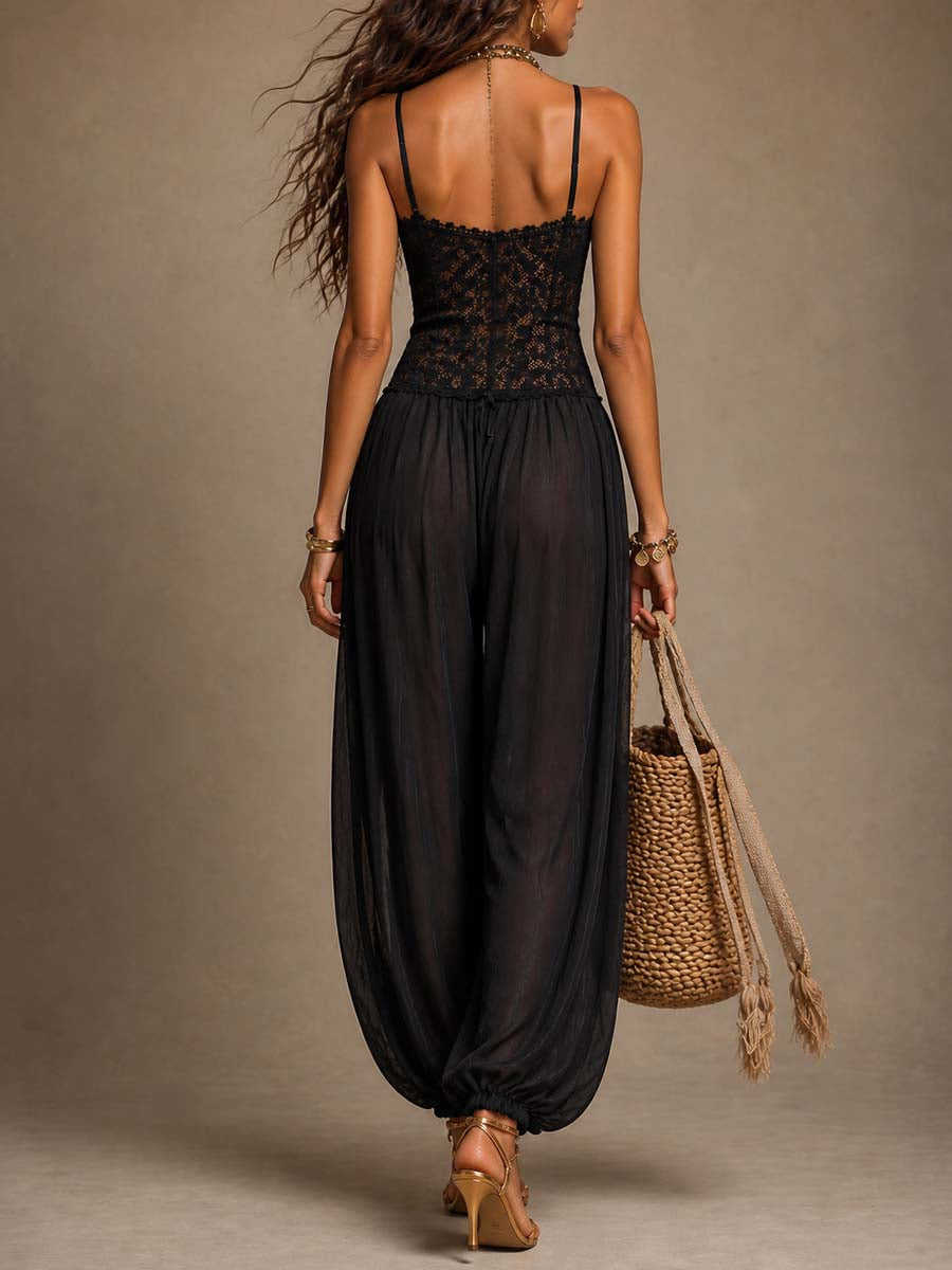 Women's Lace & Chiffon Harem Jumpsuit, Spaghetti Strap
