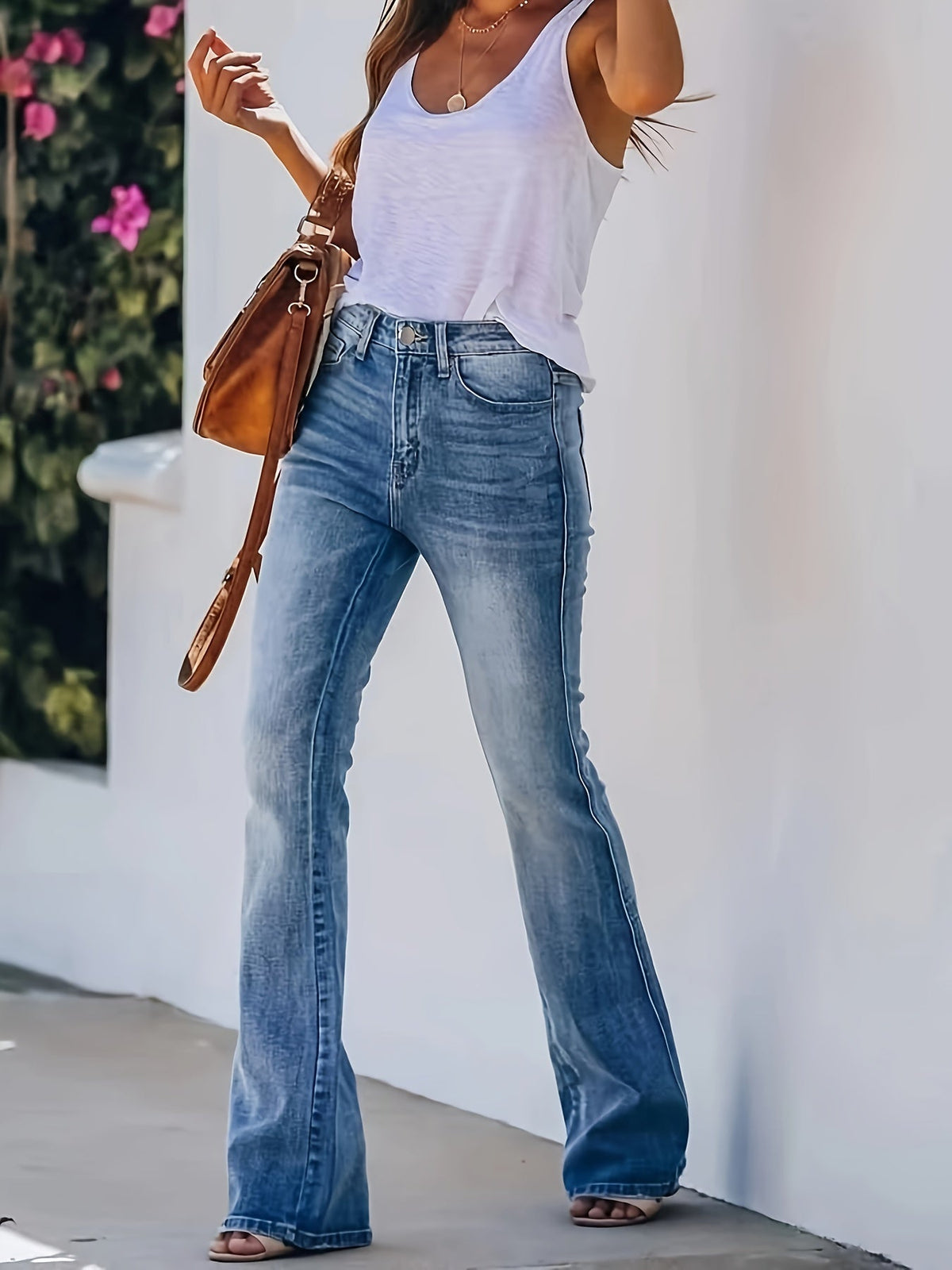 Women's Flare Jeans, High Waist Button Fly Full Length