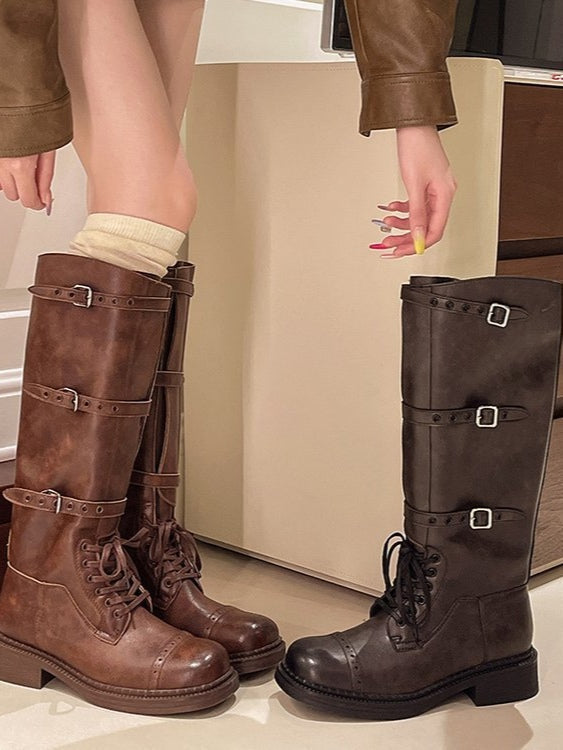 Women's Distressed Combat Boots, Square Toe Lace-Up