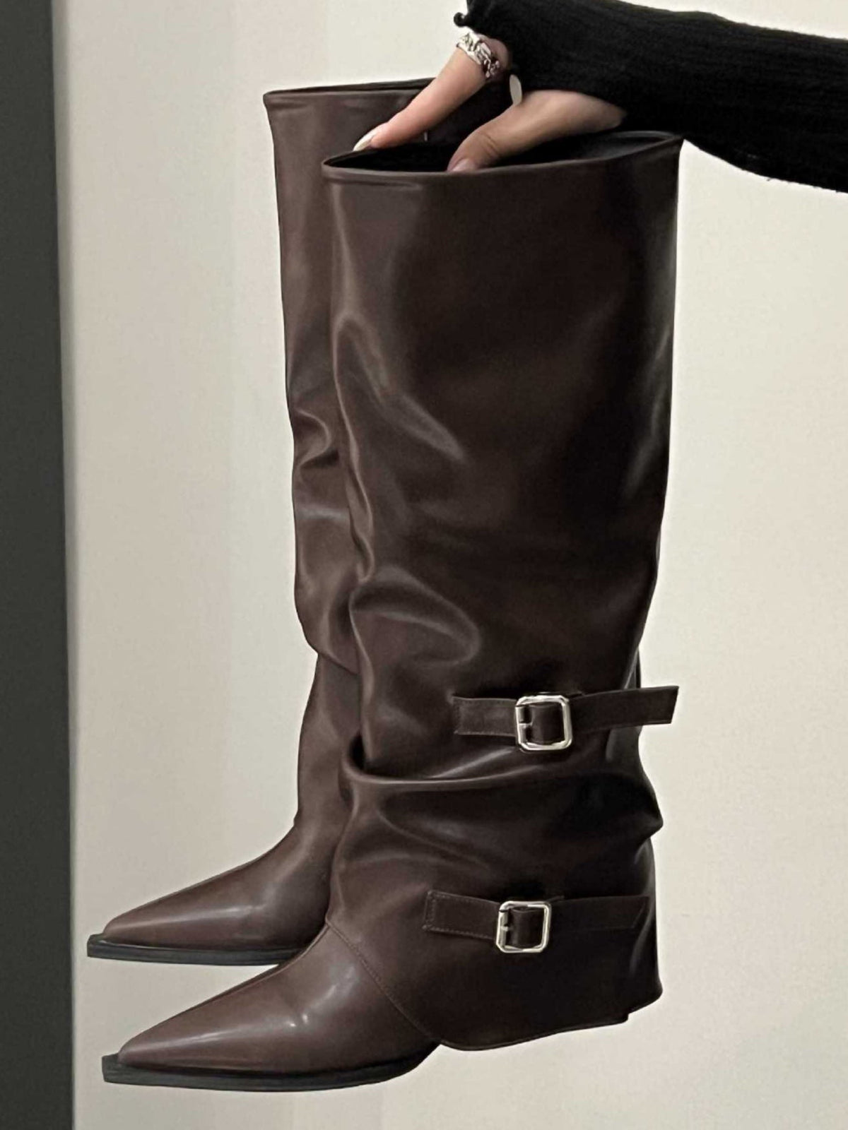 Women's Tall Buckle Boots, Pointed Toe Chunky Heel