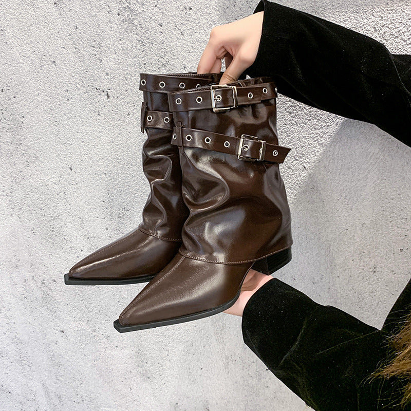 Women's Pointed Toe Combat Boots, Buckle Block Heel