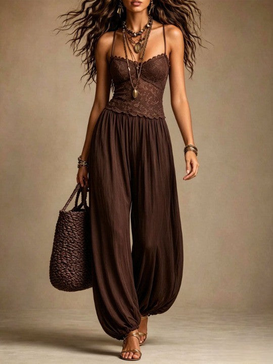 Women's Lace & Chiffon Harem Jumpsuit, Spaghetti Strap
