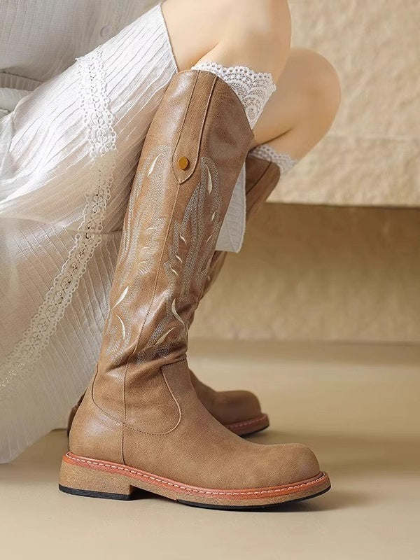 Women's Embroidered Tall Boots, Back Zipper Low Heel