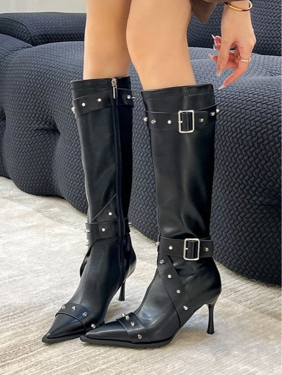 Women's Studded Riding Boots, Pointed Toe Stiletto