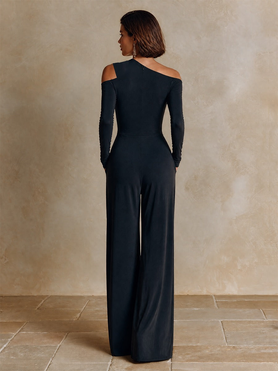 Women's One-Shoulder Wide Leg Jumpsuit, Long Sleeve
