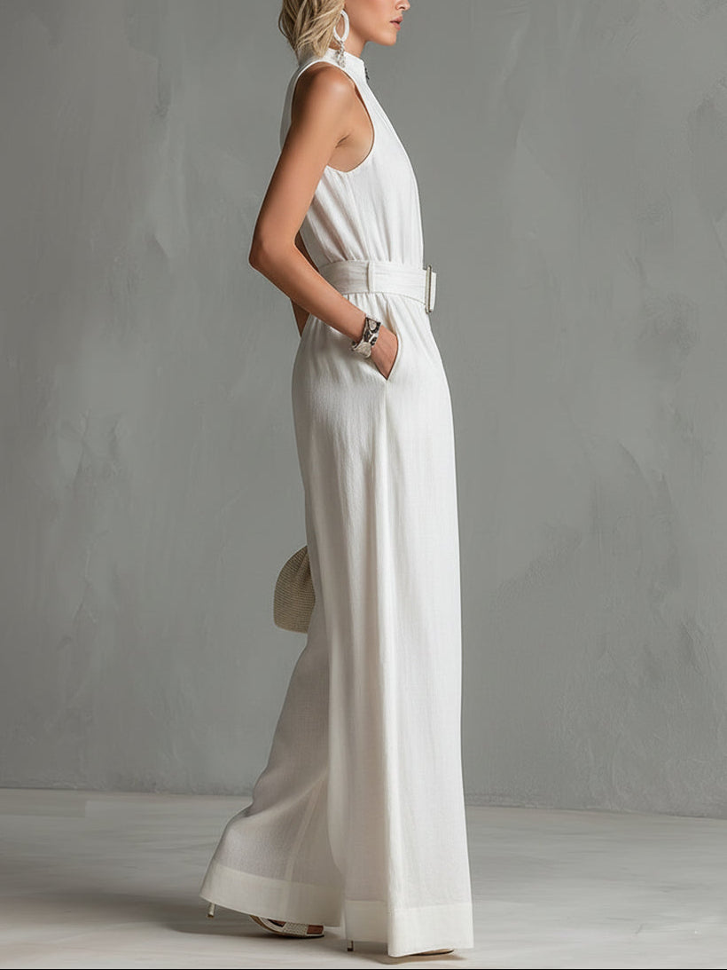 Women's Belted Wide Leg Jumpsuit, Sleeveless Zip Front