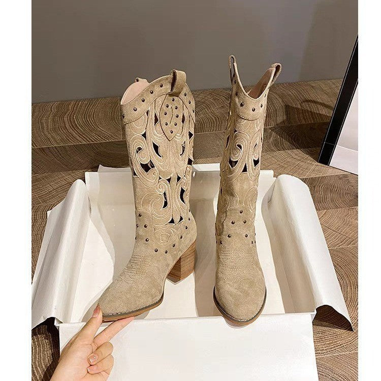 Women's Suede Western Boots, Embroidered Openwork Block Heel