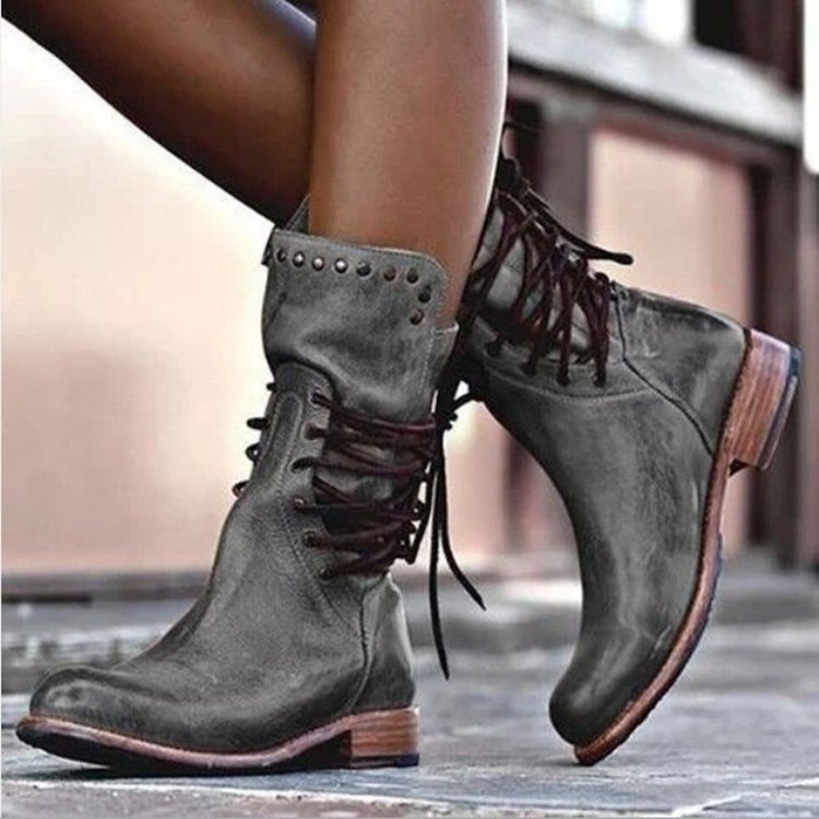 Women's Lace-Up Moto Boots, Rivet Detail Mid-Calf