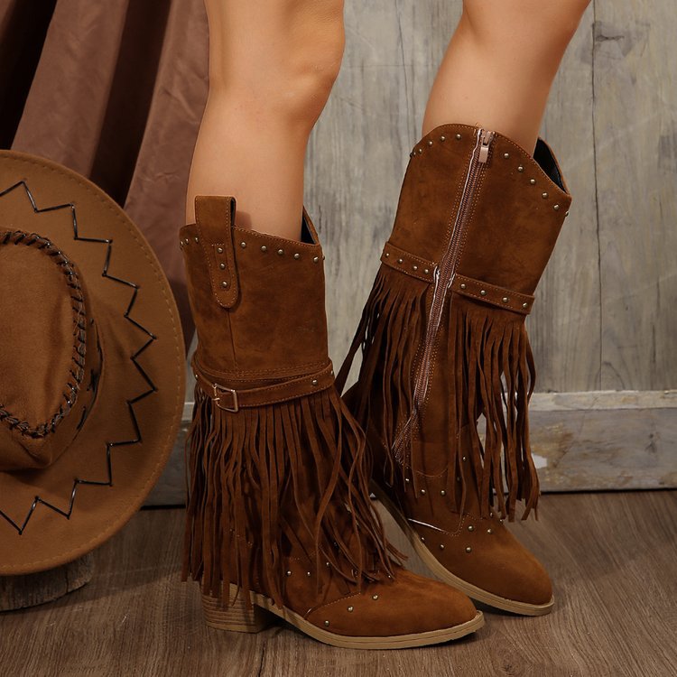 Women's Tassel Riding Boots, Rivet and Buckle Detail