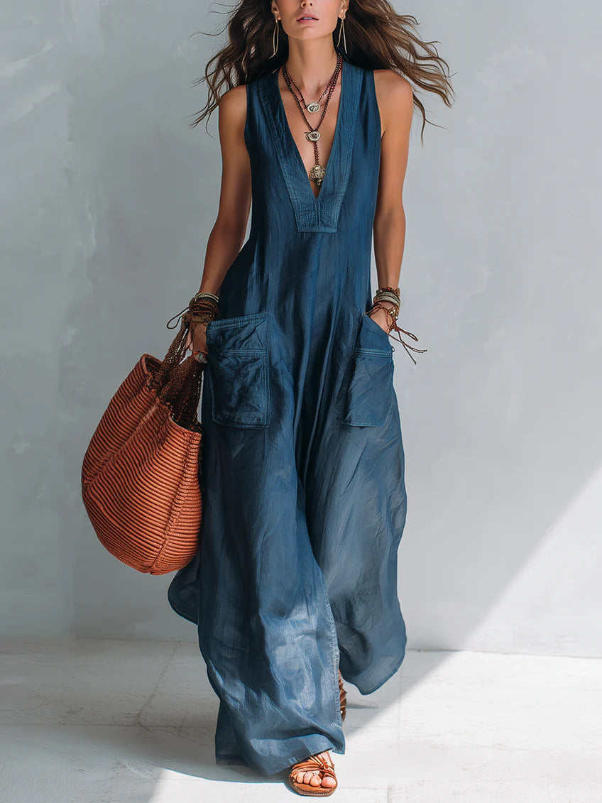 Women's V-Neck Wide Leg Jumpsuit, Loose Fit with Pockets