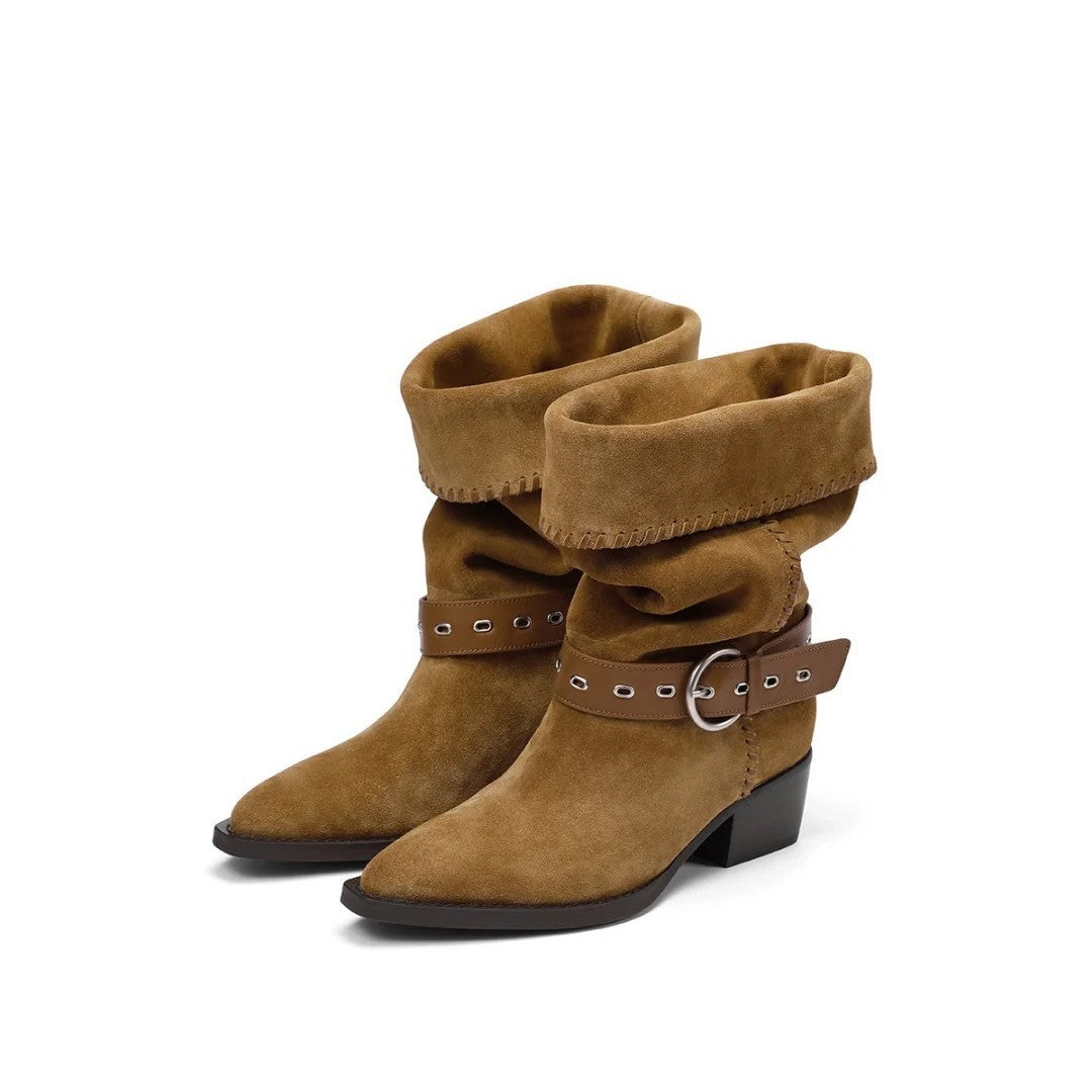 Women's Suede Riding Boots, Pointed Toe Chunky Heel