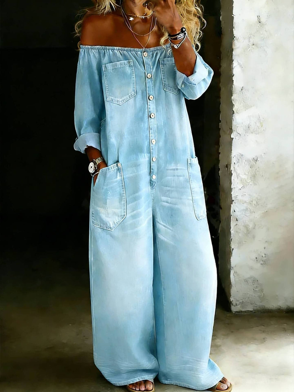 Women's Off-Shoulder Denim Jumpsuit, Button Front Cropped