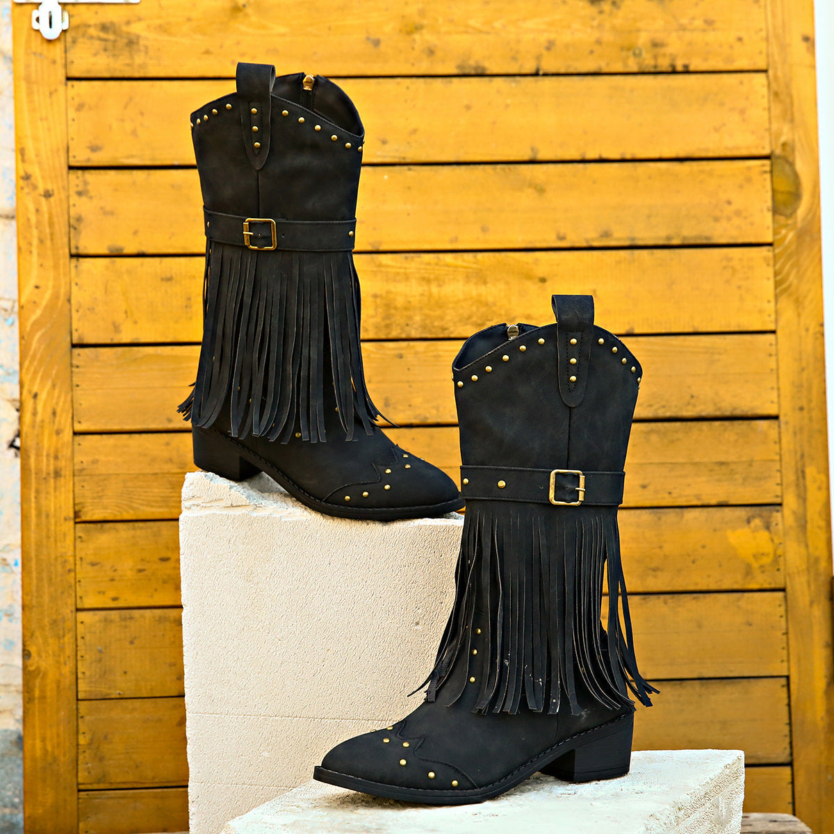 Women's Tassel Riding Boots, Rivet and Buckle Detail