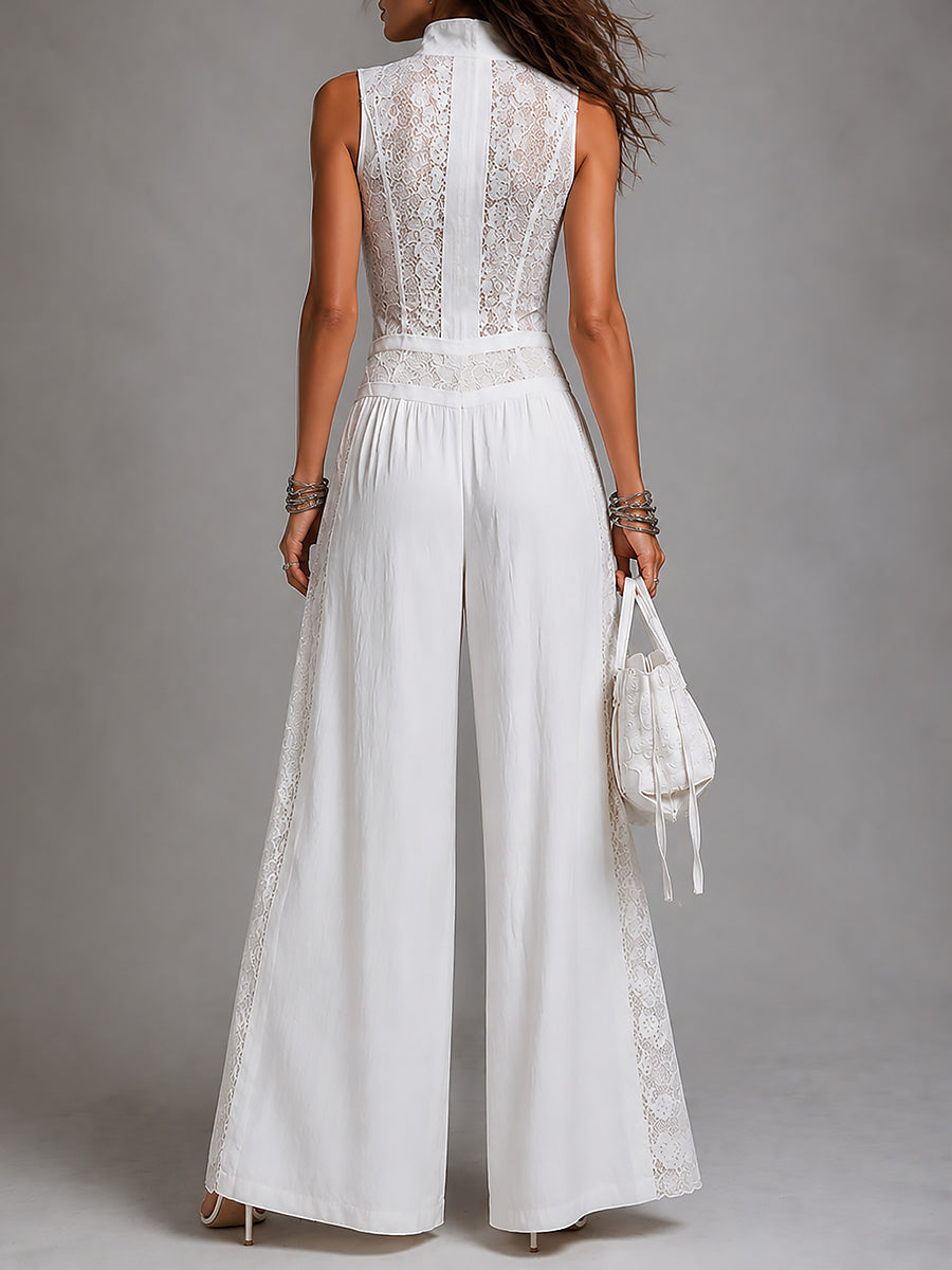 Women's Lace Trim Wide Leg Jumpsuit, Stand Collar